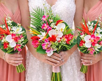 Tropical Wedding Bouquet Set, Coral Pink Bridal, Bridesmaid Flowers, Destination Beach Wedding Arch Package