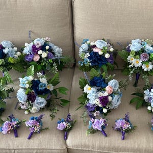 Purple & Blue Wedding flowers package/Purple and blue wedding bouquets/ Purple and blue wedding bouquets set/Purple and blue cascade bouquet