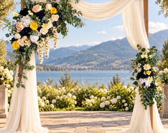Navy Blue Yellow & Ivory Wedding Arch Flowers, Artificial Floral