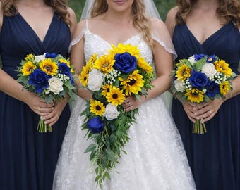 Sunflower & Navy Blue Wedding Bouquet Set, Artificial Flower Package