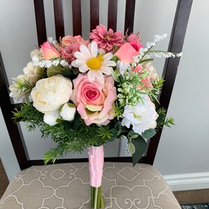 Pink silk flowers bridal bouquet, Rustic wedding bouquet, Artificial  bride bouquet,Dahlias,Gerbera,Daisy,Peonies,Roses and greenery bouquet