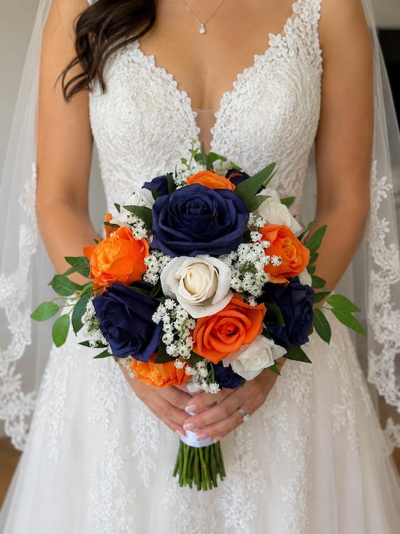 navy blue and orange bridesmaid dresses Wedding Bouquet Set, Bridal Flowers, Boutonniere Corsage rustic navy blue and burnt orange wedding