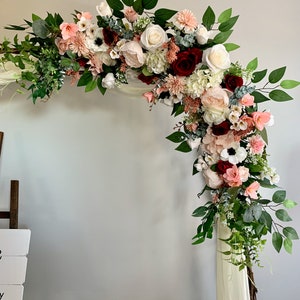2pcs Wedding arch arrangement with burgundy & blush silk flowers/Corner swag and tieback/Floral backdrop/Wedding arbor flowers/Altar flowers