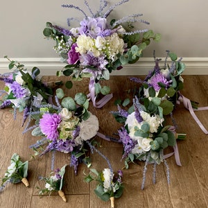 Purple Wedding package with bouquets, boutonnieres & arch flowers/Purple Bridal bouquet and Bridesmaid bouquets/Arch arrangement/Wedding set