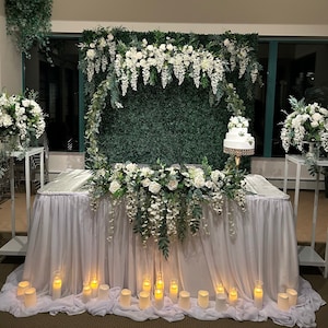 Wedding backdrop/Wedding arch arrangement with white wisteria & greenery/Silk flowers arbor/Sweetheart table centrepieces/Event floral decor