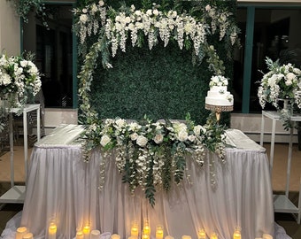 Wedding backdrop/Wedding arch arrangement with white wisteria & greenery/Silk flowers arbor/Sweetheart table centrepieces/Event floral decor