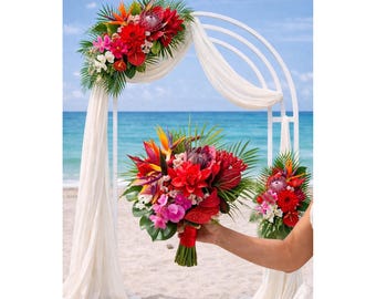 Tropical Bridal Bouquet Package, Protea Beach Wedding Flowers Set, Bridesmaid Bouquets, Boutonniere