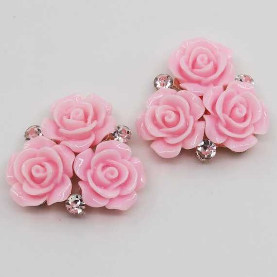 10pc 28mm Oval Pink Resin Roses Button Golden Metal Wedding Bride 