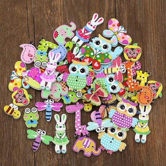 100pcs Mixed Cartoon Rabbit Wooden Sewing Buttons 2 Holes for DIY Kids Craft