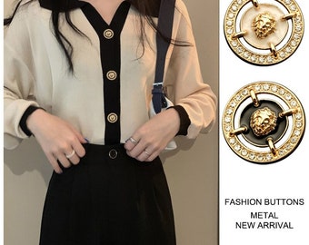 6PCS Diamond Coat Fashion Metal Lion Buttons for Clothing Blouse Round Sweater Cardigan Small Suit Retro Needlework Sewing diy