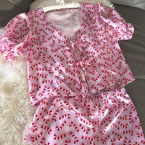 Candy Cane Satin Christmas Pajama Set  – Festive Holiday PJs with Tie-Front Top & Shorts. Pink Christmas PJ set