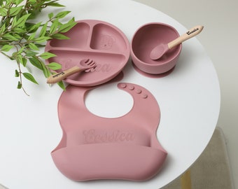 Set per lo svezzamento in silicone personalizzato, set per lo svezzamento dei cartoni animati per neonati, set per l'alimentazione con nome, piatto per neonati