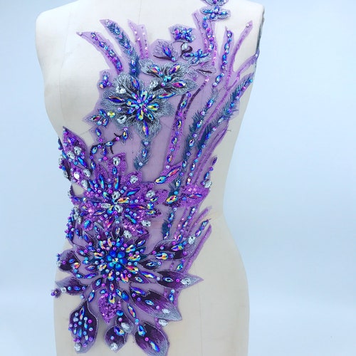 Three-dimensional flower sew shops on rhinestones beads purple lace applique trim patches 60*28cm for dress accessory
