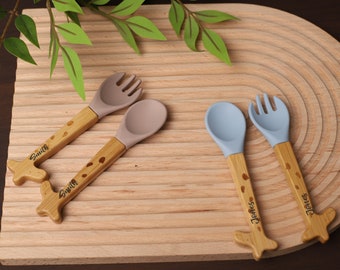 Personalized baby cutlery set/ Wooden fork and spoon/ Birth gift