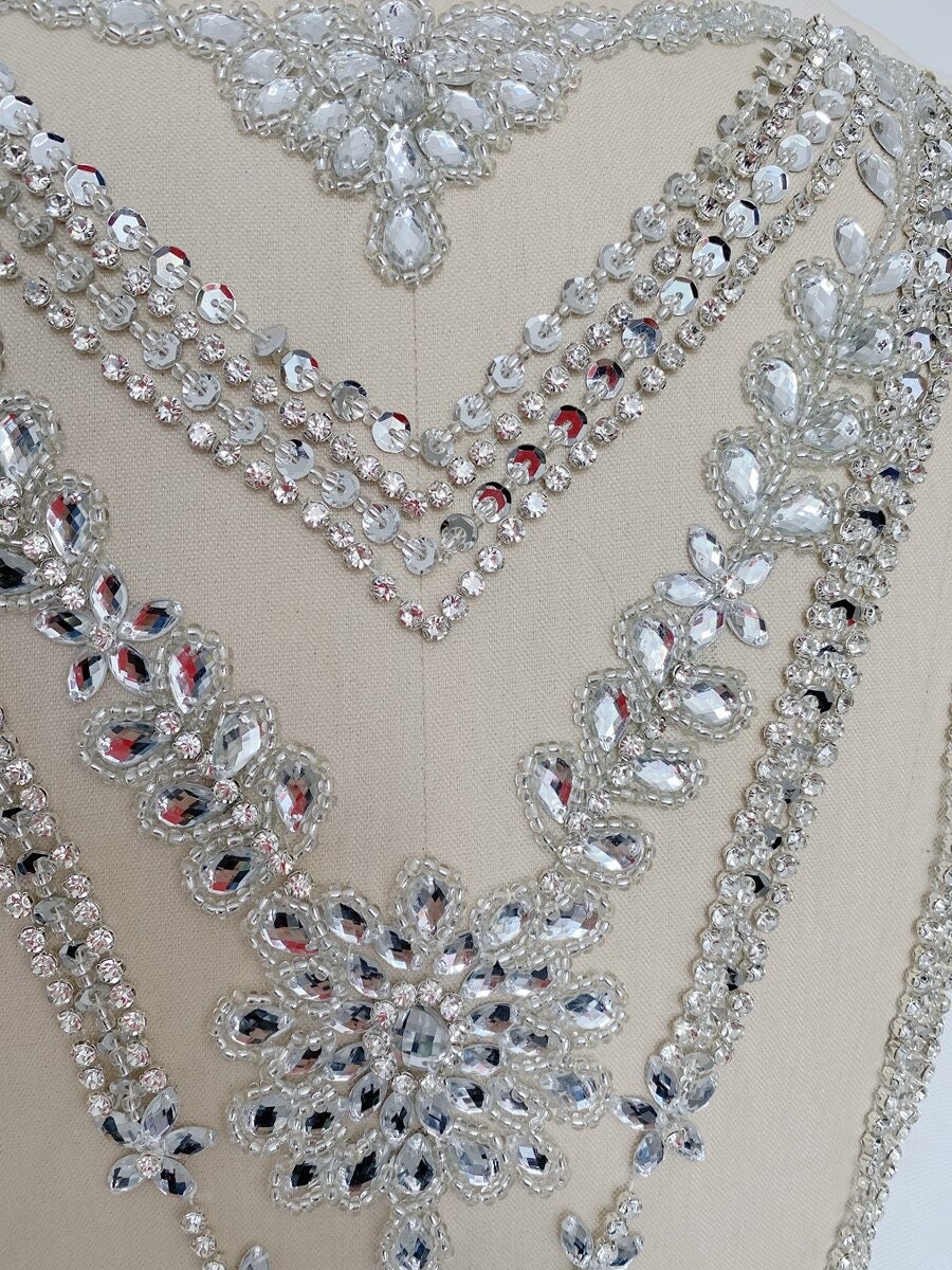 Handmade silver rhinestones applique on mesh beads stones trim Etsy