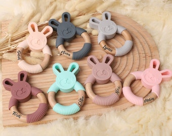 Personalized Bunny Teether - Silicone and wood teether - Engraved custom keepsake Baby Teether