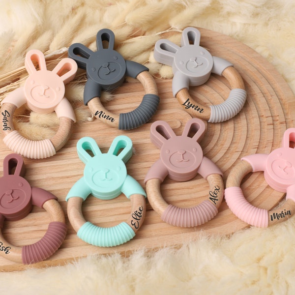 Personalized Bunny Teether - Silicone and wood teether - Engraved custom keepsake Baby Teether