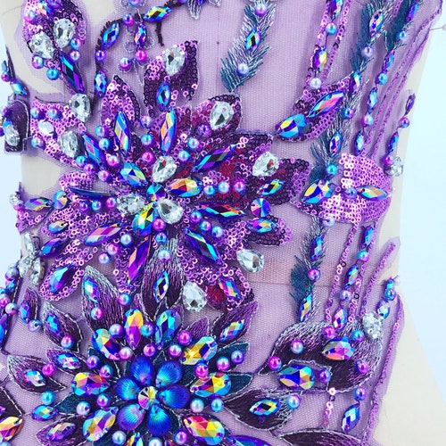 Three-dimensional flower sew shops on rhinestones beads purple lace applique trim patches 60*28cm for dress accessory