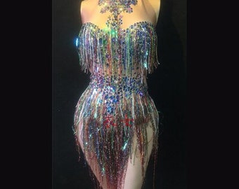 Singer Host Model DJ Colorful Sequin Tassel Diamond Body Suit Latin Dance Stage Wear Adult Women Performance Costume Garments