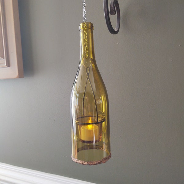 Yellow Hurricane Lamp / Hanging Lantern / Wine Bottle Art / Hanging Candle Holder