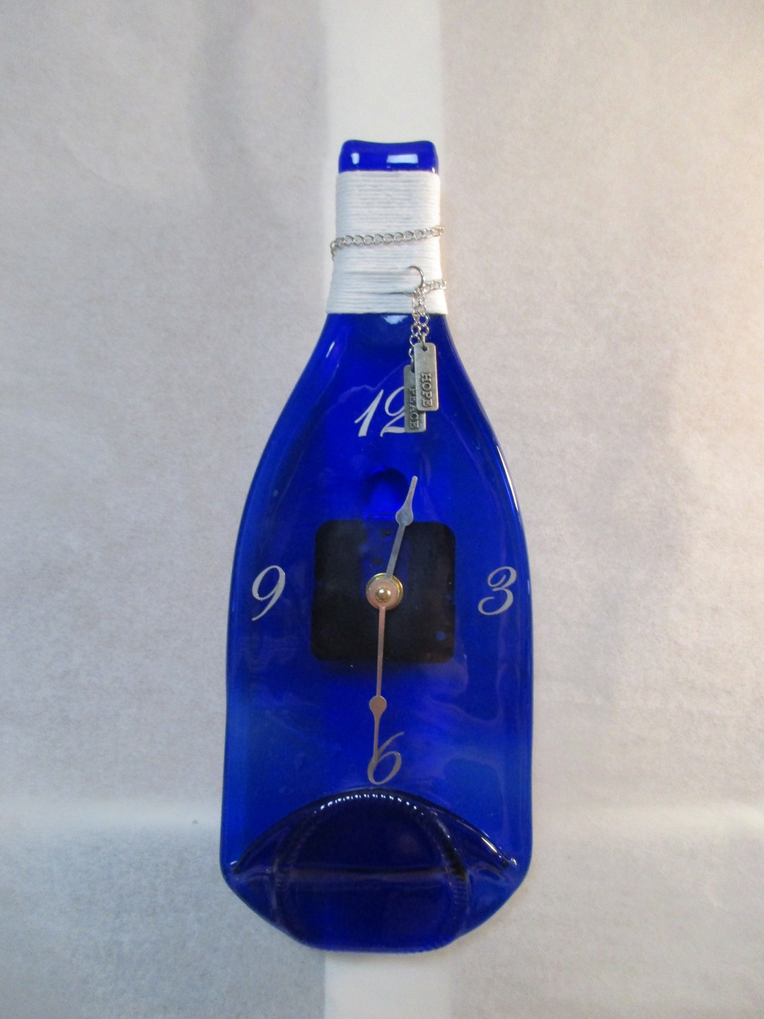 Cobalt Blue Wine Bottle Wall Clock With Silver Accents / Recycled Wine