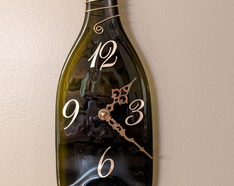 Dark Brown Wine Bottle Wall Clock with Copper Colored Accents and White Clock Hands / Slumped Flattened Melted Bottle