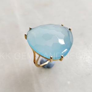 Natural Blue Chalcedony Ring, 14K Solid Gold Ring, 14K Gold Blue Chalcedony Ring, March Birthstone, Blue Chalcedony Jewelry, Christmas Gift