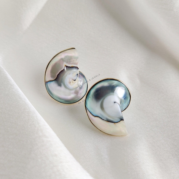Natural Mother of Pearl Earrings, 14K Solid Yellow Gold Shell Pearl Studs