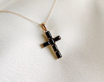 Natural Black Onyx Cross Pendant, 14K Solid Yellow Gold Pendant, Holy Cross Baguette Pendant, December Birthstone Pendant, Christmas Present