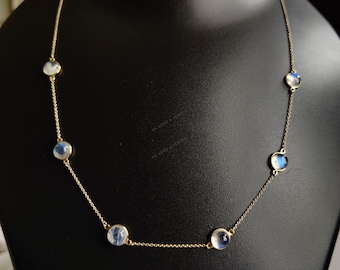 14K Solid Gold Natural Rainbow Moonstone Necklace, June Birthstone