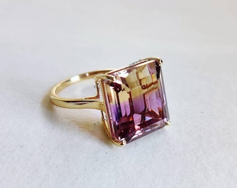 Natural Ametrine Ring, 14K Solid Yellow Gold, February November Birthstone