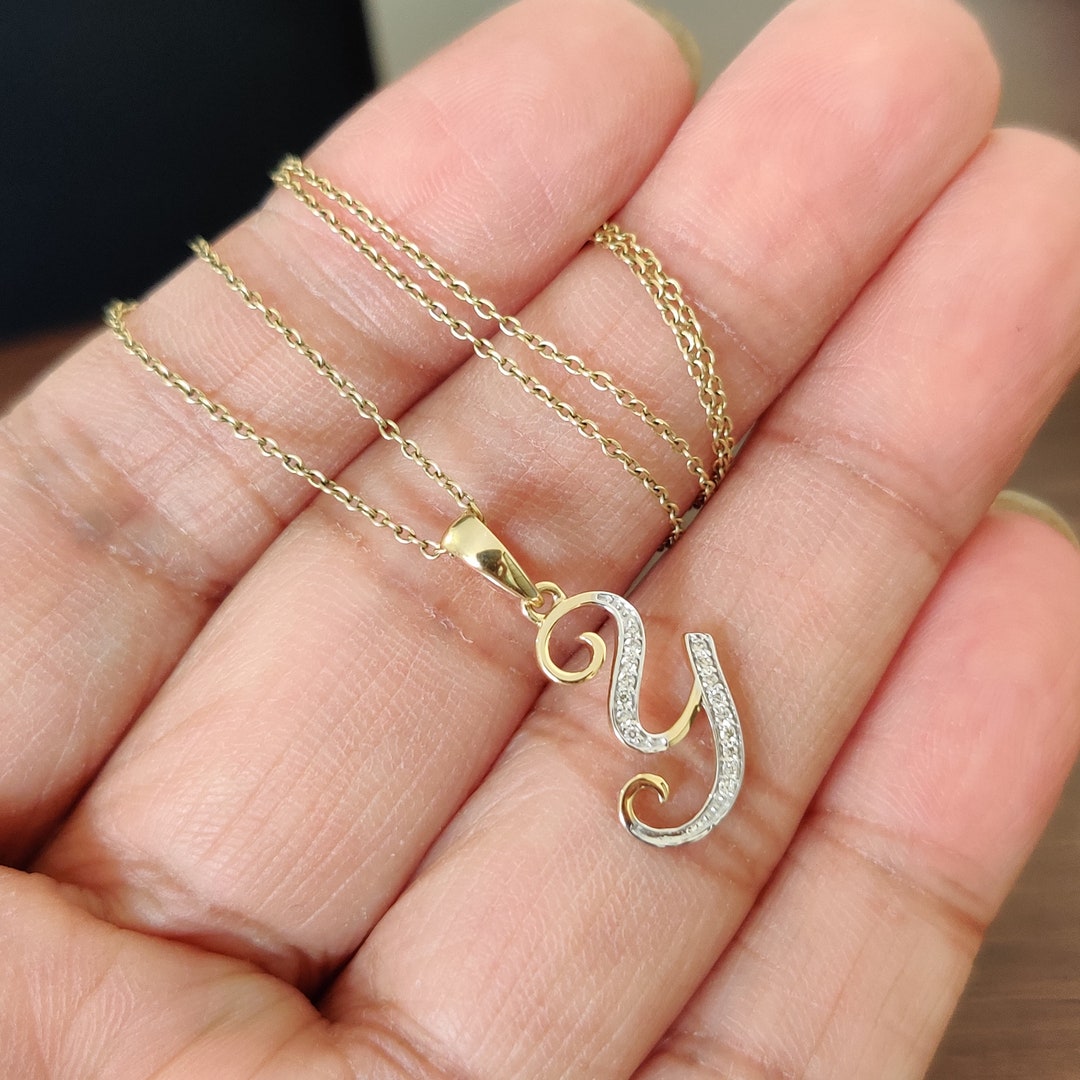 14K Gold Initial Y Pendant, Solid Yellow Gold Initial Y Charm Pendant, Natural Diamond Charm