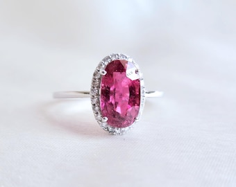 Natural Rubellite Tourmaline & Diamond Ring, 14K Solid White Gold, October Birthstone Wedding Jewelry