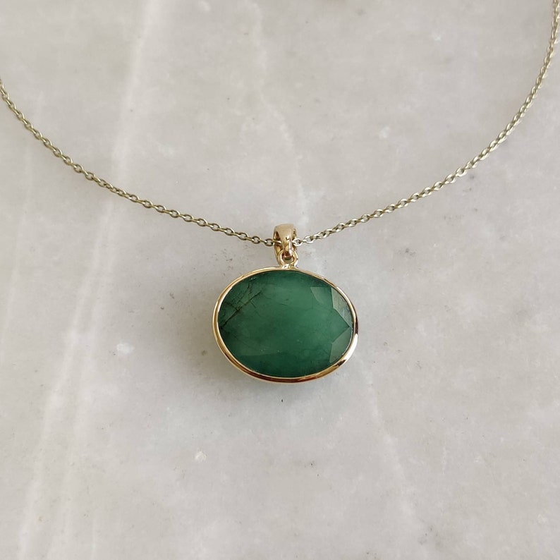 Natural Emerald Pendant, 14K Solid Yellow Gold Emerald Pendant, Solid Gold Pendant Necklace, May Birthstone, Christmas Gift, Emerald Jewelry image 7