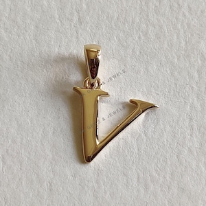 Colgante con inicial V en oro de 14 quilates, colgante con dije de inicial V en oro amarillo macizo, colgante con dije de oro, colgante con letra V, regalo de cumpleaños, colgante con letra