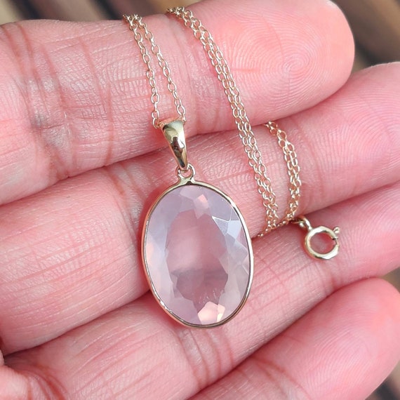 Natural Rose Quartz Pendant 14K Solid Gold Rose Quartz Pendant