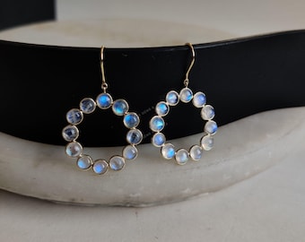 Natural Rainbow Moonstone 14K Solid Gold Bezel Earrings, June Birthstone