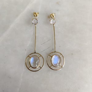 Natural Rainbow Moonstone Earrings, 14K Solid Yellow Gold Moonstone Earring, June Birthstone Earrings, Drop Earrings, Blue Moonstone Jewelry