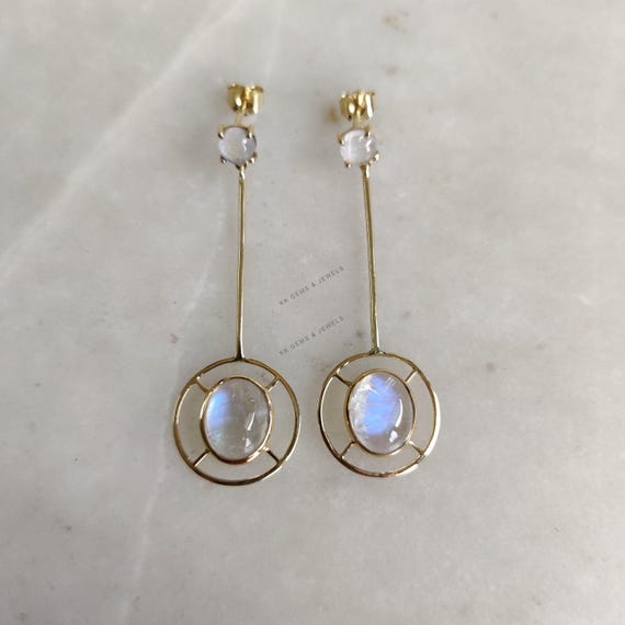 Natural Rainbow Moonstone Earrings, 14K Solid Yellow Gold