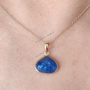 Natural Blue Sapphire Pendant, 14K Solid Yellow Gold Blue Sapphire Pendant, Sapphire Carving Pendant, September Birthstone, Christmas Gift