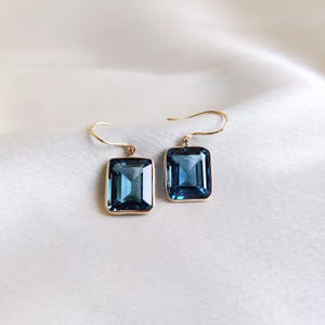 Natural London Blue Topaz Earrings, 14K Solid Yellow Gold Earrings, December Birthstone, Bezel Earrings, Christmas Gift, Blue Topaz Jewelry