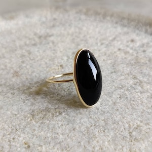 Natural Black Onyx Ring,14K Solid Gold Ring,14k Gold Black Onyx Ring, Natural Black Onyx Bezel Ring, December Birthstone, Oblong oval shape
