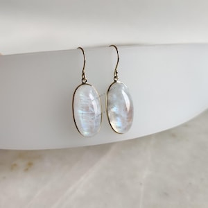 Natural Rainbow Moonstone Earrings, 14K Solid Yellow Gold Earrings, Bezel Earrings, June Birthstone, Christmas Gift, Moonstone Jewelry