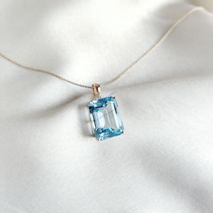 Natural Sky Blue Topaz Pendant, 14K Solid Yellow Gold Blue Topaz Pendant, Solid Gold Octagon Pendant, December Birthstone Pendant