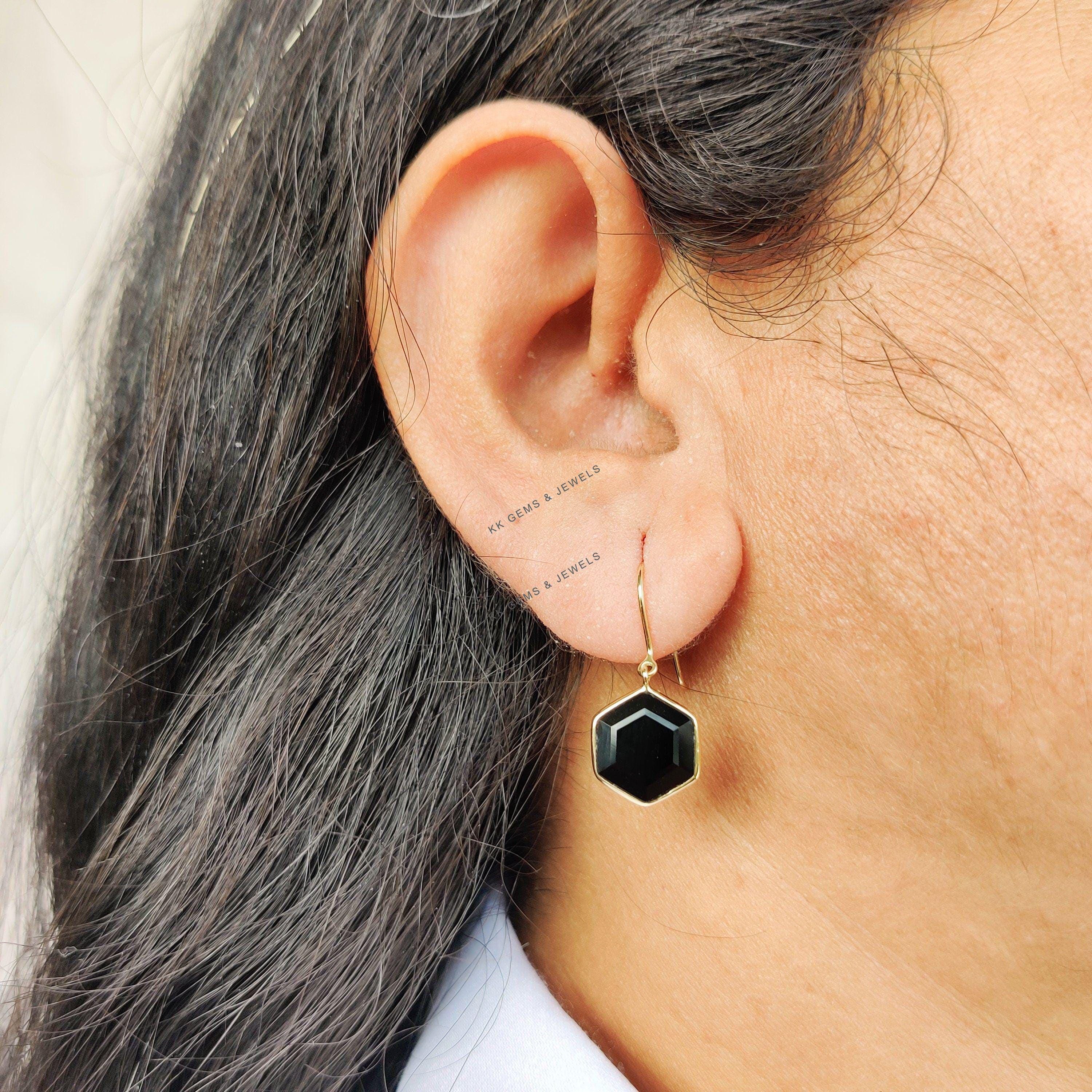 Natural Black Onyx Hexagon 14K Solid Yellow Gold Earrings 