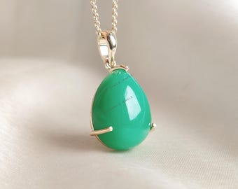14K Solid Gold Natural Chrysoprase Pendant, Pear Cabochon, May Birthstone