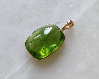 Natural Peridot Bezel Pendant, 14K Solid Yellow Gold, August Birthstone