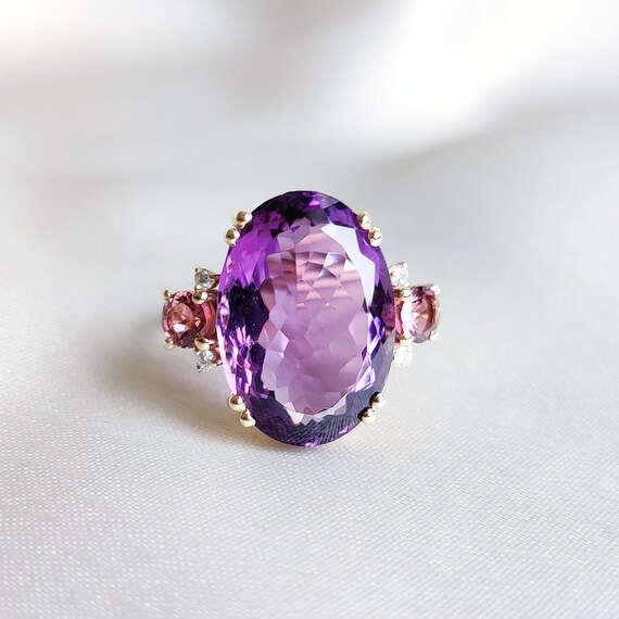 Natural Purple Amethyst Pink Tourmaline and Diamond Ring, 14K Solid  Yellow Gold Ring, Purple Amethyst Diamond Jewelry, Anniversary Gift