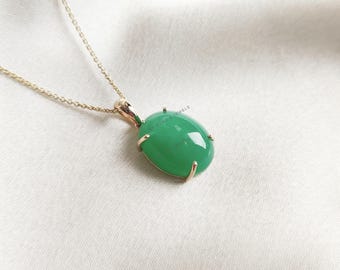 Natural Oval Chrysoprase Pendant, 14K Solid Yellow Gold Prong Setting