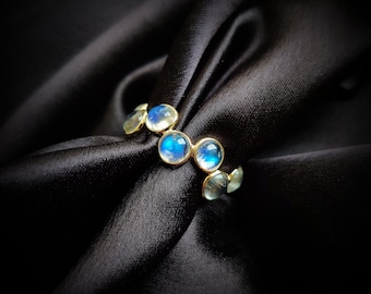 14K Solid Yellow Gold Natural Rainbow Moonstone Ring, June Birthstone
